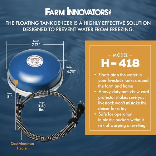 Farm Innovators Ice Chaser 1250 Watt Cast Aluminum Floating Tank Deicer with Self Regulating Thermostat and Heavy Duty Anti Chew Cord Protector | Thermostatically controlled heater operates only when necessary, cast aluminum construction, plastic-safe - c