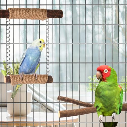 7-Piece Bird Perches for Cage- Wooden Parrot Stand with Fork Toys, Hanging Multi-Branch Platform, Hammock Swing, Gym Playstand & Chewing Toys - for Parakeets, Budgies, Lovebirds - Durable