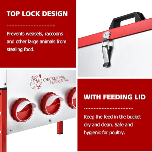 Chicken Feeder, 6 Feeding Ports, 35lbs Capacity Metal Feed Box with Handle and Feeding Lid, Automatic Chicken Feeders No Waste