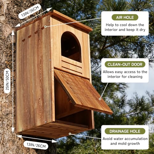 Barred Owl House, 25" Extra Large Owl Bird Box Handmade | Wooden Circular Opening for Outside with Mounting Screws and A Bag of Wood Shavings, Easy Assembly Required - color: brown, size: 14"x24.8"