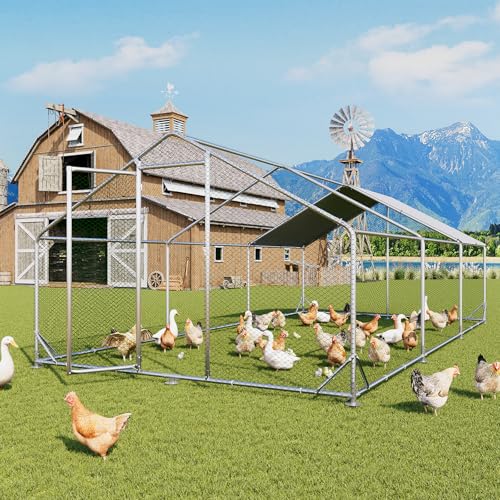 Aoxun Large Metal Chicken Coop, Outdoor Chicken Runs for Yard with Cover, Spire Roof Hen House Enclosure with Security Lock, Walk-in Cage Peak Hen House for Yard Farm (10x20x6.4 FT) - size: 240.0"L x 120.0"W x 76.8"H
