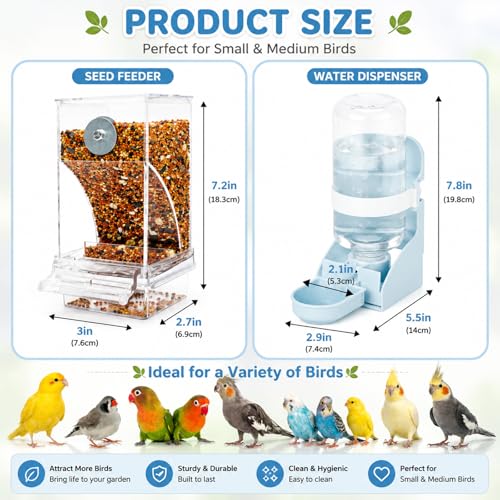 Rypet No-Mess Bird Feeder and Water Dispenser Set for Small Birds | Automatic Bird Feeder, Transparent Acrylic Food Container, Helps Reduce Seed Scatter, for Parakeet Cockatiel Parrot Canary - color: White Feeder + Blue Drinking Bottle