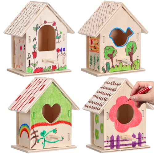 Outus 24 Pcs Wooden DIY Birdhouse Kits for Kids to Build, 4 Shapes Birdhouse Kit Wooden Unfinished with Butterfly Sticker for Boy Girl Arts Crafts(Lovely) - style: Lovely