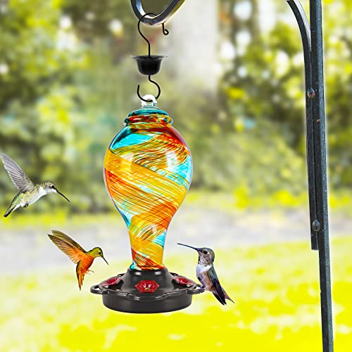 LUJII Hand Blown Glass Hummingbird Feeder for Outdoors Hanging with Ant Moat, 25 fl.oz, Leak Proof & Rustproof, Metal Base with 5 Feeding Ports & 5 Perches, Unique Garden & Backyard Decor (Ribbon) - color: Ribbon, size: Small