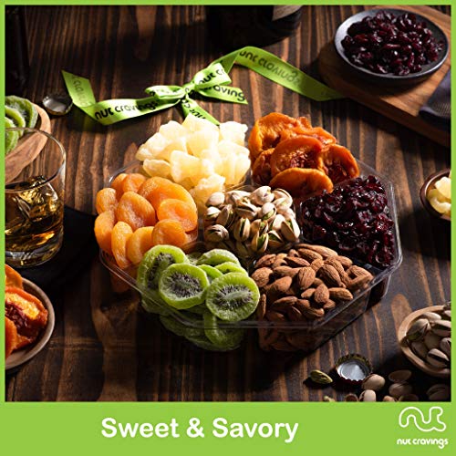NUT CRAVINGS - Dried Fruit & Mixed Nuts Gift Basket (7 Assortments, 2 LB) | Green Ribbon Food Arrangement, Healthy Snack Care Package, - style: 4. Green Ribbon - Party Size (2 LB Assortment)