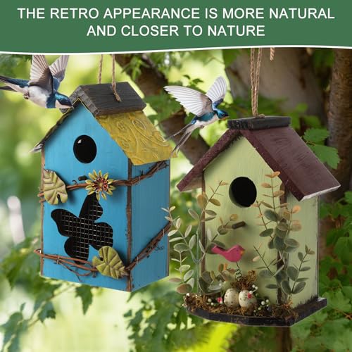 DoubleFill 2 Pcs Birdhouses for Outdoor Hanging Yard Outside Wooden Birdhouse Hand Painted Bird Box for Bird Lovers Bluebird Tree Garden Decor Decorative Birdhouse(Blue,Light Green,Iron Roof) - color: Blue,Light Green, size: Iron Roof