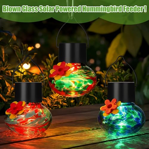 Nuogo 3 Pcs 3.54 Inch Blown Glass Hummingbird Feeders Solar Powered Hummingbird Feeder with LED Light for Garden Outdoors Window Decor Valentine Hanging Gifts Ant and Bee Resistant(Stylish Colors) - color: Color B, style: Classic
