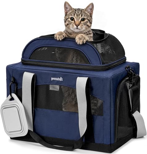 Pecute Cat Carrier, Top Expandable Dog Crate for Travel, Blue | 5mm Anti-Collapse Steel Frame, Soft Mesh, Vet Visits, Foldable Travel Crate,Outdoor Hammock, Leakproof Pee Pad & Bowl - color: Blue