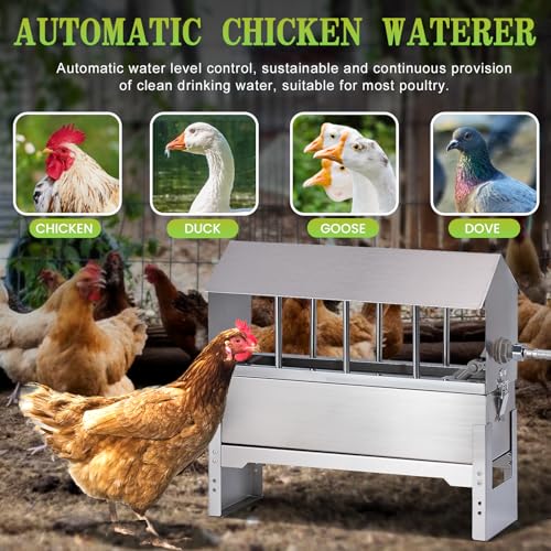 Automatic Chicken Waterer Metal Chicken Water Feeder Stainless Large Chicken Waterer System Auto Poultry Waterer Dispenser with Stand Legs for Pigeon, Duck, Goose, Geese,Quail,Turkeys