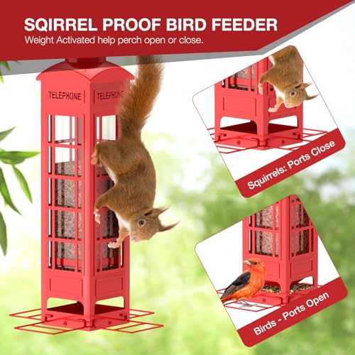Squirrel Proof Bird Feeder, 3.2LB Large Capacity Metal Mesh Hanging Bird Feeder for Outdoors with Weight-Activated Perches for Cardinals, Finches, Chickadees & Blue Jays, for Dad - color: red