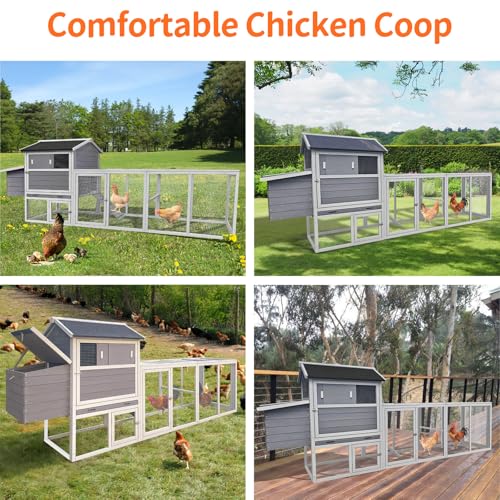 113inch Chicken Coop, Large Wooden Chicken Coop with Nesting Boxes & Run Cage for 3-6 Chickens, Outdoor Hen House Poultry Hutch Rabbit Cage with No-Slip Ramp & Pull-Out Tray for Backyard Farm (Gray) - color: Gray