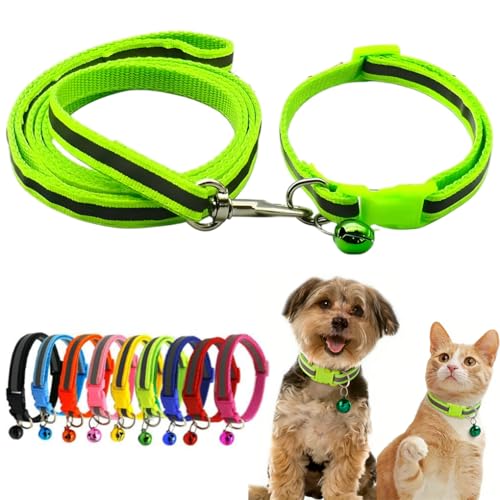 XXS Dog Collar with Bell Leash Set, Nylon Basic Reflective Puppy Collars for Boys Girls Xs Small Cat Pet Animal Litter Tiny Kitten, Fluorescent Green - color: Fluorescent green