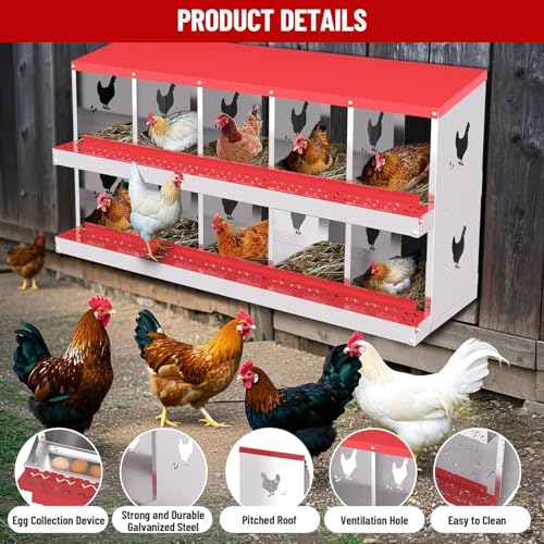 TrailBlaze Chicken Nesting Box 10 Compartments Laying Boxes, Metal Chicken Egg Laying Box with Rollout Egg Collection, Large Vented Holes Chicken Coop for Chickens, Hens (Red) - color: red, size: 10 holes