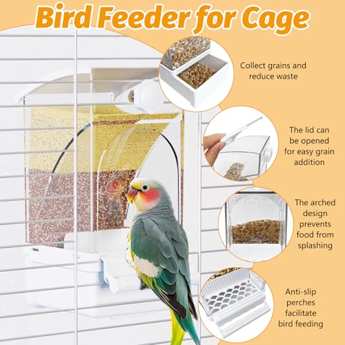 BNOSDM No Mess Bird Feeder Transparent Automatic Bird Cage Feeder with Perch Acrylic Parrot Food Container Parakeet Cage Accessories for Parakeets, Budgies, Cockatiel, Finch, Canary, Lovebird (White) - color: White