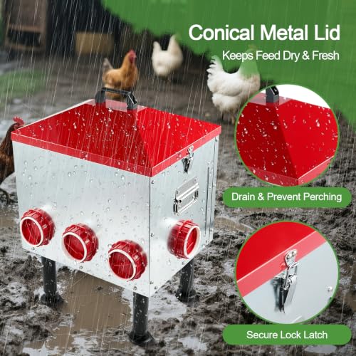 Large Automatic Chicken Feeder, 55LBS Chicken Feed Dispenser with Lid, 8 Feeding Ports, Adjustable Legs, Rodent Free, Waterproof Outdoor Metal Poultry Feeder