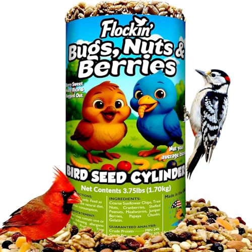 Bugs, Nuts & Berries Bird Seed Cylinders with Hole, Mealworms, 6" x 7.75" | Protein Rich Wild Bird Food with Mealworms, Cylinder Bird Seed, Attracts a Variety of Wild Birds, No Filler, USA Made,3.75lbs - size: 1-Large