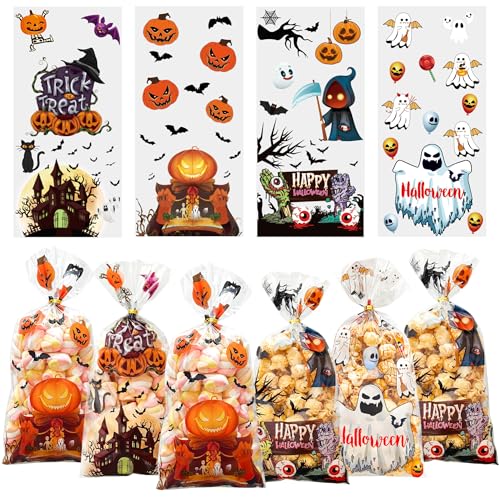 Soarvita Halloween Treat Bags – 50pcs Clear Goodie Bags with 60pcs Twist Ties for Candy Cookies and Gifts Packaing, Halloween Trick or Treat Party Favors Wrapping - color: Halloween-50pcs