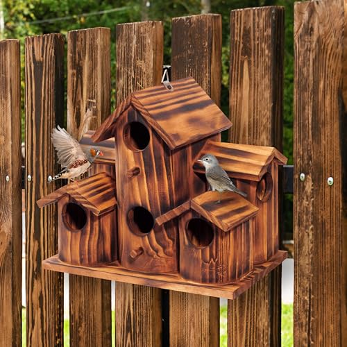 MIXUMON Wooden Bird Houses for Outside – 6 Rooms Multi-Chamber Bird House, Carbonized Pine Rustic Finish, 1.57" Entrance Holes, Cleaning Doors for Each Room, Decorative Outdoor Bird Nesting Box