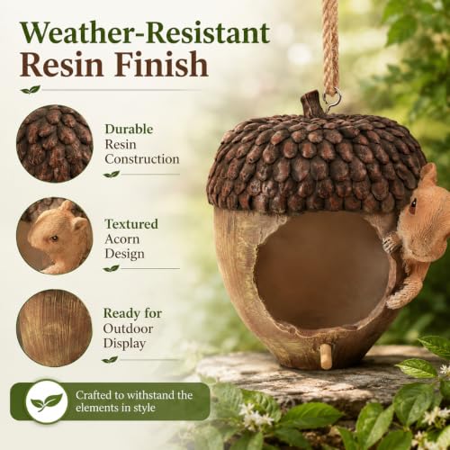 Acorn Bird House for Outside, Hand-Painted Resin Hanging Birdhouse with Squirrel, Weather-Resistant Decorative Bird House for Garden, Patio, Yard & Porch - style: Acorn