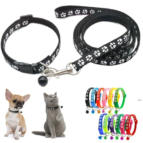 Black Puppy Collar with Bell Leash Set, Nylon Reflective Small Dog Collar Boy Paw Print for XXS Xs S Dog Kitten Pet Animal Tiny - color: Black