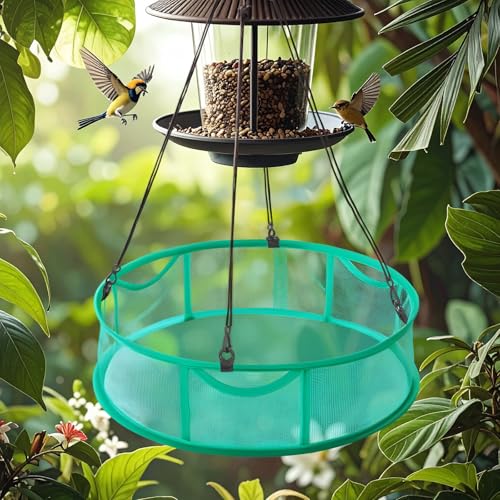 2 Pcs Bird Seed Catcher Trays, 16 Inch Green Spill Guard Platform for Hanging Feeders, Windproof Mesh Seed Hoop with Hooks, Outdoor Feeder Accessory
