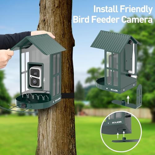 Soliom- Bird Feeder with Camera, 5W Solar Powered, AI Identify Species, Smart Wild Bird Watching, 2K Live View, Instant Arrival Alerts,Large 2.7L Seed Capacity, Metal Squirrel Chew-Proof - BF08 Green - color: Green Large