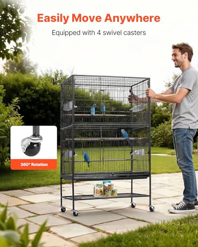 VEVOR Bird Cage, 31.5 x 20.5 x 52 inch, Flat Top, Wrought Iron Bird Flight Cage with Perches, Slide-Out Tray and Plastic Feeders, Casters, for Parrot, Blue Tit, Cockatiel, Canary, and Monk Parakeet - size: 31.5"L x 20.5"W x 52.0"H