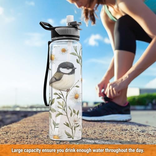 Chickadee Birds 32 oz Water Bottle - Clear Tritan, BPA-Free, LeakProof with Carry Strap for Sports, Gym & Outdoor Activities - color: C711