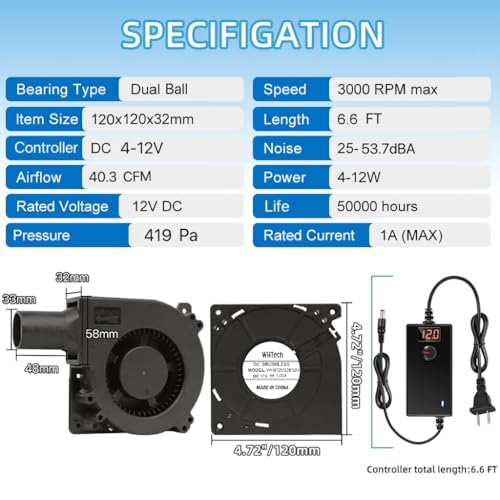 WHTech 120mm x 32mm Blower Fan with LED Voltage Display Speed Controller, 110V AC IP54 Waterproof Squirrel Cage Fan for DIY Cooling Projects, BBQ, Drum Smoker