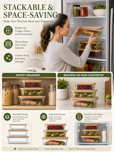 3-Pack Airtight Glass Food Storage Containers with Bamboo Lids | High borosilicate stackable meal prep containers for leftovers. Microwave and dishwasher safe kitchen organization.