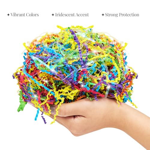 PAPER FAIR Iridescent Rainbow Easter Grass Crinkle Cut Paper, 5OZ Raffia Tissue Paper Filler Shred Strand Craft Bedding Cushion, Anniversary, Back to School, Birthday for Gift Basket Boxes - color: Iridescent Rainbow
