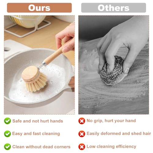 Bamboo Dish Brush with Handle, 3 Natural Bristle Heads | (Horsehair, Sisal, Palm) Replaceable Heads, Wooden Dish Brush for Washing and Cleaning Pot Pan Bowl