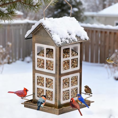 Bird Feeder, Waterproof Bird Feeders for Outdoor Hanging | Heavy Duty Metal, 6LB Large Capacity, 4 Perches, Drain Holes, For Outside Garden Yard Country Hanging, House Shape - size: Vertical