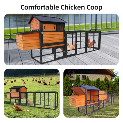 113inch Chicken Coop, Large Wooden Chicken Coop with Nesting Boxes & Run Cage for 3-6 Chickens, Outdoor Hen House Poultry Hutch Rabbit Cage with No-Slip Ramp & Pull-Out Tray for Backyard Farm - color: brown