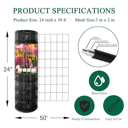 Black PVC Coated Welded Wire Fence 24" x 50' Roll, 2"x3" Mesh, 16 Gauge | Vinyl Coated Garden Fencing, Yard & Pet Barrier, Chicken Wire Fencing, Dog Enclosure Mesh, Vegetable Plant Protector - color: Black, size: 2''x3'' 16GA 24''x50'