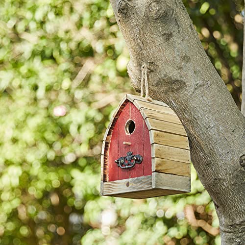 Glitzhome 8.5" H Washed Red Distressed Solid Wood Birdhouse Garden Hanging Bird House for Outdoors - color: 8.5"H