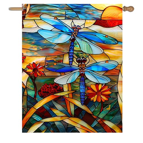 Stained Glass Dragonfly Garden Flag Spring Summer House Flag Fall Floral Decorative Yard Flags for Outside 28x40 Double Sided Large Seasonal Lawn Flags Rustic Outdoor Decor - color: glassdragonfly