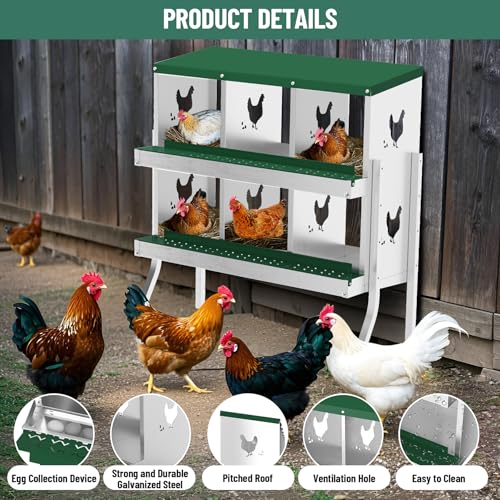 GarveeLife 6 Compartment Chicken Nesting Box with Metal Legs, Nesting Boxes for Chickens, Metal Chicken Laying Boxes with Perch, Secure Lid, Versatile Wall Mount or Free Standing for Hens, Green - color: green, size: 6 grids with legs