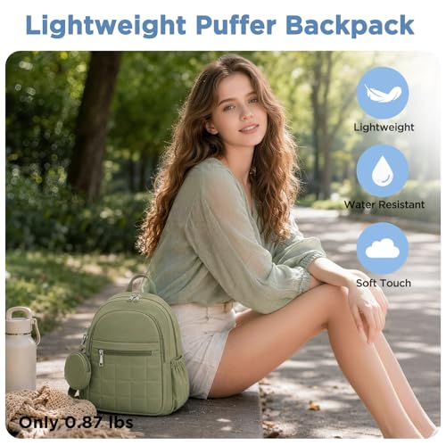 Mini Backpack for Women, Anti Theft RFID Small Travel Backpack | Compact Backpack with Built-in RFID Wallet(5 Slots) & Coin Purse, 10-Pocket Fits 11" Tablet, Puffer Nylon, Daily & Work - color: Green