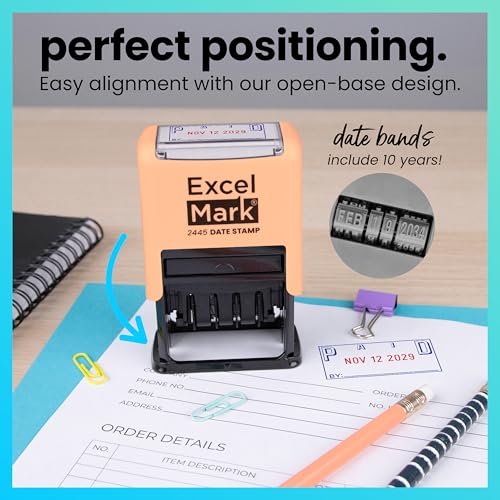 ExcelMark 2445 Date Stamp with Text - Blue and Red Ink (Peach Mount, Paid) - color: Peach Mount, size: Paid