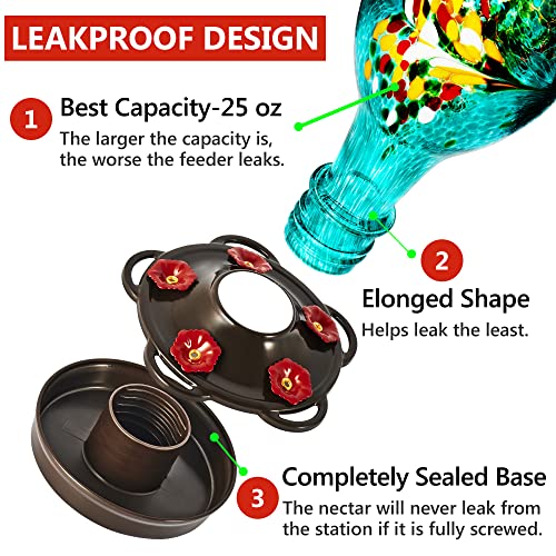 LUJII Hummingbird Feeder for Outdoors, Hand Blown Glass Humming Bird Feeder, Anti Fade Leakproof with 25 Ounces Nectar Capacity, Easy to Install Clean Refill, Include Hook & Ant Moat (Teal) - color: Blue, size: Small