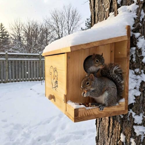 Extra Large Squirrel Houses for Outside 15.7" Outdoor Nest Box with Feeder | Carbonized pine wood, anti-predator design, Mounts on tree or fence. 2-in-1 shelter and feeder for backyard wildlife - size: L