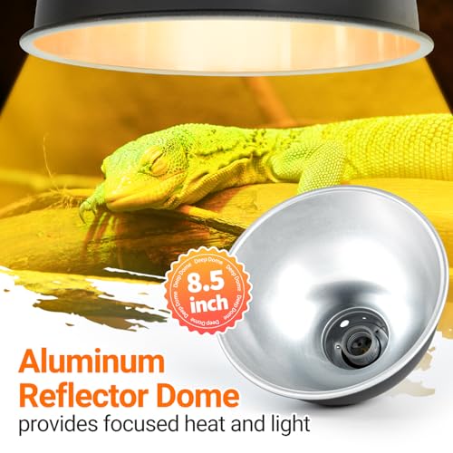 8.5 Inch Reptile Light Fixture with Dimming/Separate Switches, 2 Packs Deep Dome Lamp Cap Reflector Cover, UVB Light Heat Lamp Fixture for Reptile Glass Terrariums, Max 150W Black