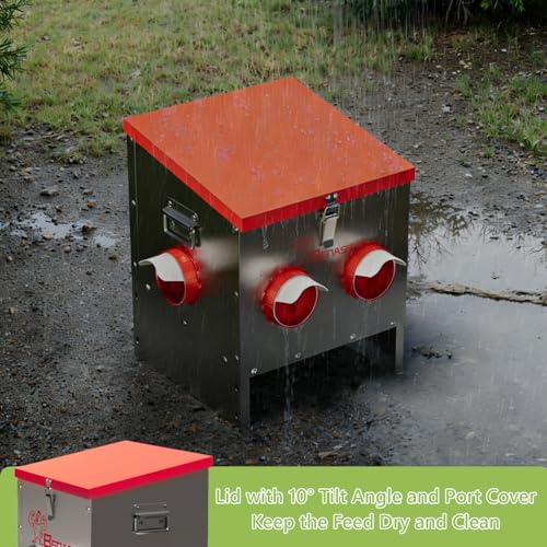 30LB Automatic Chicken Feeder, No-Waste Metal Poultry Feeder with 4 Ports, Predator-Proof Latch & Weatherproof Design, Includes Anti-Tip Ground Stakes & Vegetable Hanging Feeder - size: 30LB-4 Ports