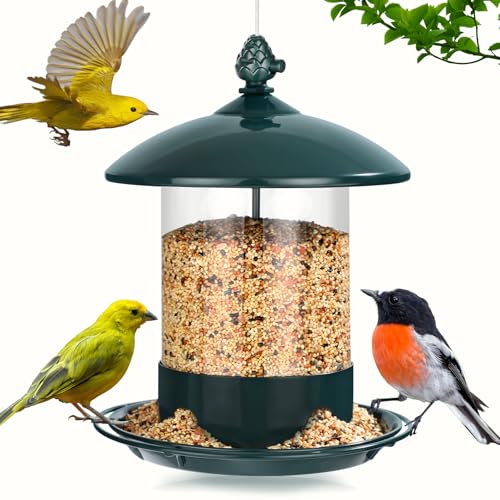 Gbekery Metal Bird Feeders for Outdoors Hanging, Weather Resistant Wild Bird Feeder with 360 Degree Feeding Tray, Green - color: Green 1P