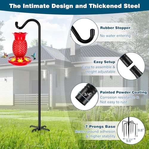 Gtongoko Shepherds Hook for Outdoor, 92 Inch Bird Feeder Pole with 7 Prongs Base, 3/4 Inch Thick Heavy Duty Adjustable Garden Hook for Hanging Plant, Hummingbird Feeder, Lantern, 1 Pack - size: 92 Inch without Baffle