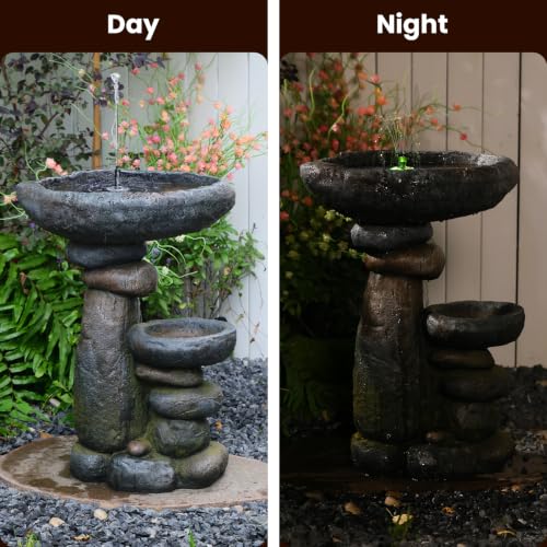 Solar Water Fountain for Bird Bath, Solar Powered Freestanding Water Feature with LED Lights, Multi-Tier Stacked Stone Bird Feeder & Planter for Yard, Porch and Outside Decor - color: Grey-23 in
