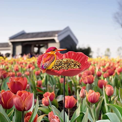 Redflower Bird Bath&Birdfeeder for Small Birds Outdoors Mtal Flower Bird Bath Bowl Stick into Ground Cute Tray Feeders for Outdoor Garden Decoration for Bird Lovers - style: redflower