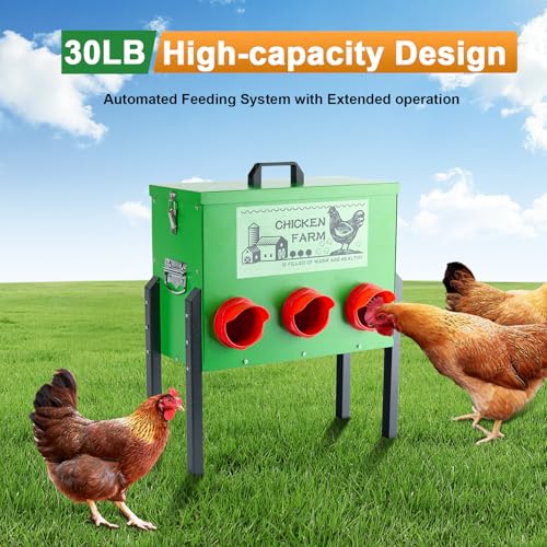 30lb Chicken Feeder- Automatic Port 6 Ports No Waste Poultry Feeder,Chicken Coop Accessories，Waterproof Metal Chicken Feeder Suitable for Poultry Feeding Outdoors and Indoors
