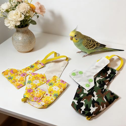 Bird Flight Harness Vest, Snap-Fastener Design Harness Vast, Bird Flying Clothes with Rope and Handle for Parakeets Cockatiels Conures Budgies（Yellow Flower - Vest + Traction L - color: Yellow flower, size: L
